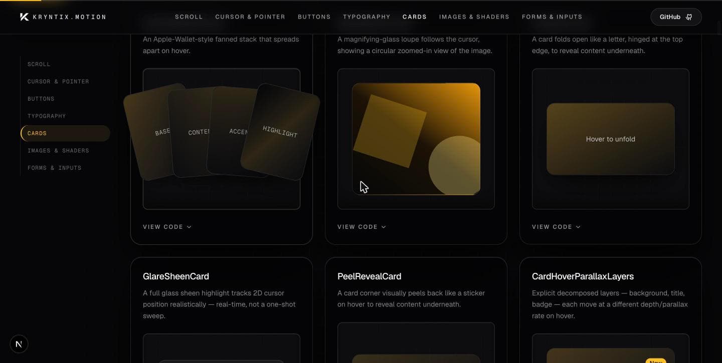 Kryntix Motion card primitives — fanned stack, magnify loupe, unfold reveal